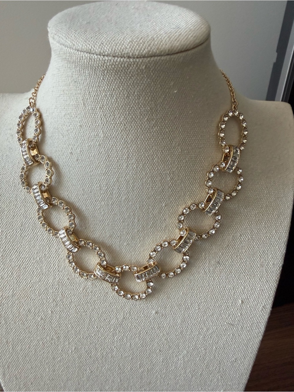 NWT Monet Gold Tone Interlocking Pave Rhinestone Statement Necklace.